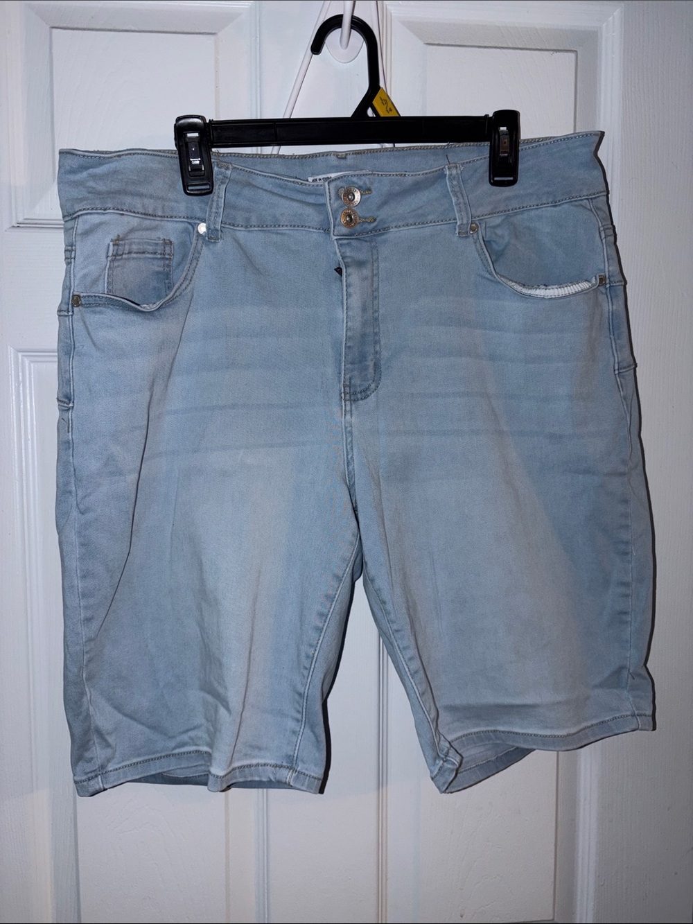 Women's Light Blue Denim Bermuda Shorts with Double-Button Waist